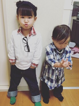 「ZARA（ザラ）のアイテム（シャツ/ブラウス、ブルー系）」を使った、さらさん（キッズ・100cm）の秋コーディネート