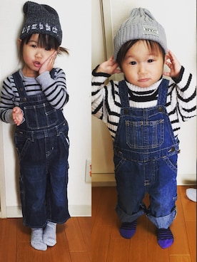 「GAP（ギャップ）のアイテム（サロペット/オーバーオール、ブルー系）」を使った、さらさん（キッズ・100cm）の冬コーディネート