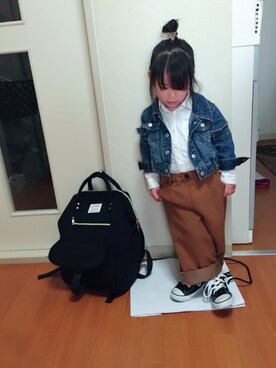 「petit main（プティマイン）のウールワイドパンツ（その他パンツ、イエロー系）」を使った、さらさん（キッズ・100cm）の冬コーディネート