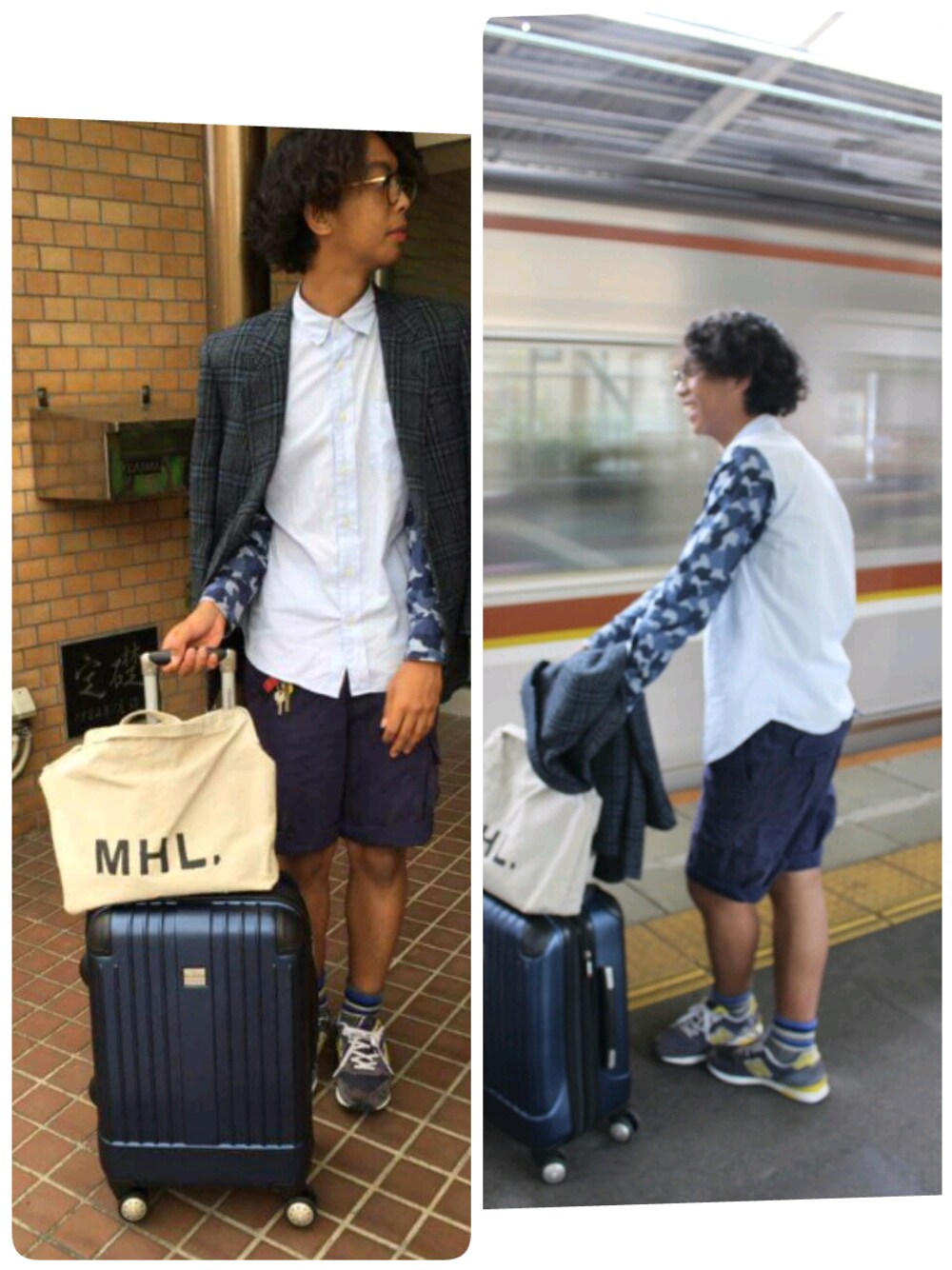 「空港、旅行、BLUEW、トートバッグ、柄遊び」｜「MHL.のアイテム（バッグ、ベージュ系）」を使った、じーだにさん（メンズ・172cm）の夏コーディネートの1枚目の写真
