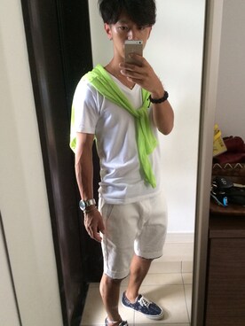 「GU（ジーユー）のアイテム（Tシャツ/カットソー、ホワイト系）」を使った、kazさん（メンズ・165cm）の夏コーディネート