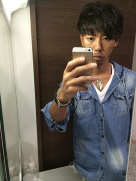 「古着のアイテム（パーカー、ブルー系）」を使った、kazさん（メンズ・165cm）の秋コーディネート