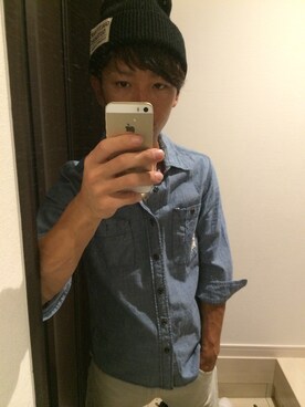 「古着のアイテム（シャツ/ブラウス、ブルー系）」を使った、kazさん（メンズ・165cm）の秋コーディネート