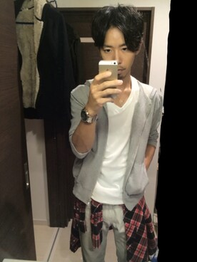 「GU（ジーユー）のアイテム（シャツ/ブラウス、レッド系）」を使った、kazさん（メンズ・165cm）の秋コーディネート