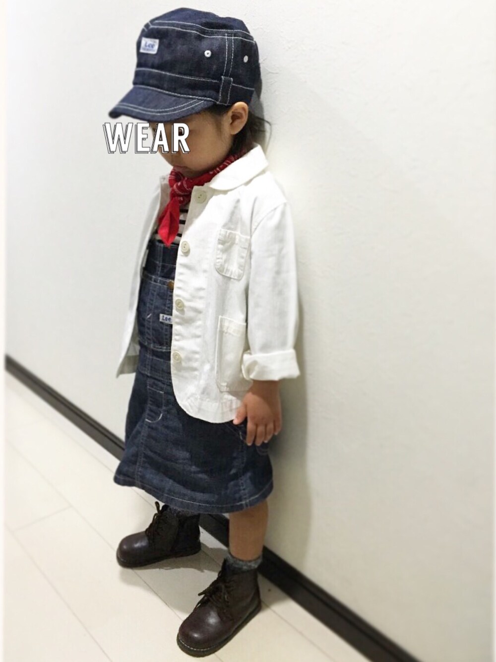 「kids、デニム、キャップ、ボーダー、ブーツ、LEE、西松屋、前髪ぱっつん」｜「B:MING by BEAMSの＜KIDS＞Lee / ワークキャップ（キャップ、ブルー系）」を使った、Saku＊Hanaさん（キッズ・100cm）の秋コーディネートの1枚目の写真