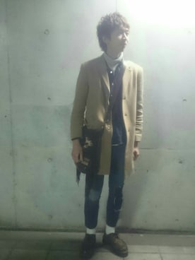 「フリンジ」｜「アイテム（チェスターコート）」を使った、sh0taさん（メンズ・178cm）の冬コーディネート