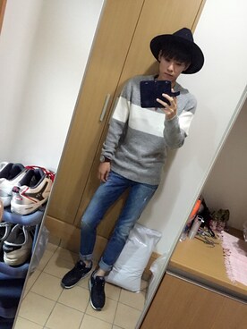 「Bershka（ベルシュカ）のアイテム（ニット/セーター、グレー系）」を使った、Ka☞Zuさん（メンズ・184cm）の秋コーディネート