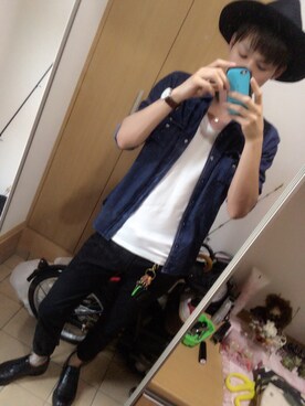 「GLOBAL WORK（グローバルワーク）のフェルトロングブリムハット/705078（ハット）」を使った、Ka☞Zuさん（メンズ・184cm）の夏コーディネート