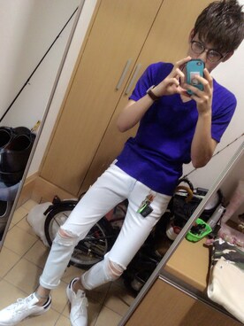 「AZUL by moussy（アズールバイマウジー）のアイテム（Tシャツ/カットソー、ブルー系）」を使った、Ka☞Zuさん（メンズ・184cm）の夏コーディネート