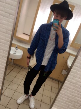 「GLOBAL WORK（グローバルワーク）のフェルトロングブリムハット/705078（ハット）」を使った、Ka☞Zuさん（メンズ・184cm）の夏コーディネート