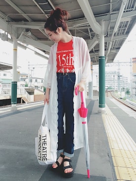 「Ameri（アメリ）のアイテム（デニムパンツ）」を使った、安中亜美さん（レディース・148cm）の夏コーディネート