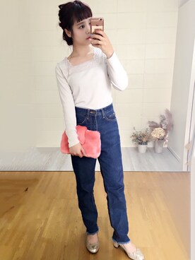 「Ameri（アメリ）のアイテム（デニムパンツ）」を使った、安中亜美さん（レディース・148cm）の秋コーディネート