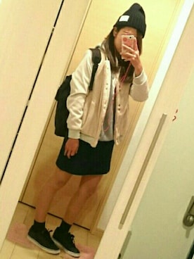 「カフェ巡り」｜「アイテム（ブルゾン）」を使った、あーりさん（レディース・153cm）の冬コーディネート