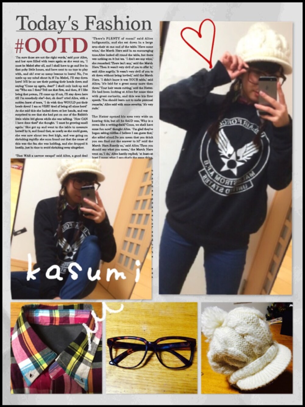 「チェックシャツ、ダテメガネ、ニット帽」｜「CECIL McBEEのアイテム（メガネ、ブラウン系）」を使った、かすみさん（レディース・154cm）の冬コーディネートの1枚目の写真