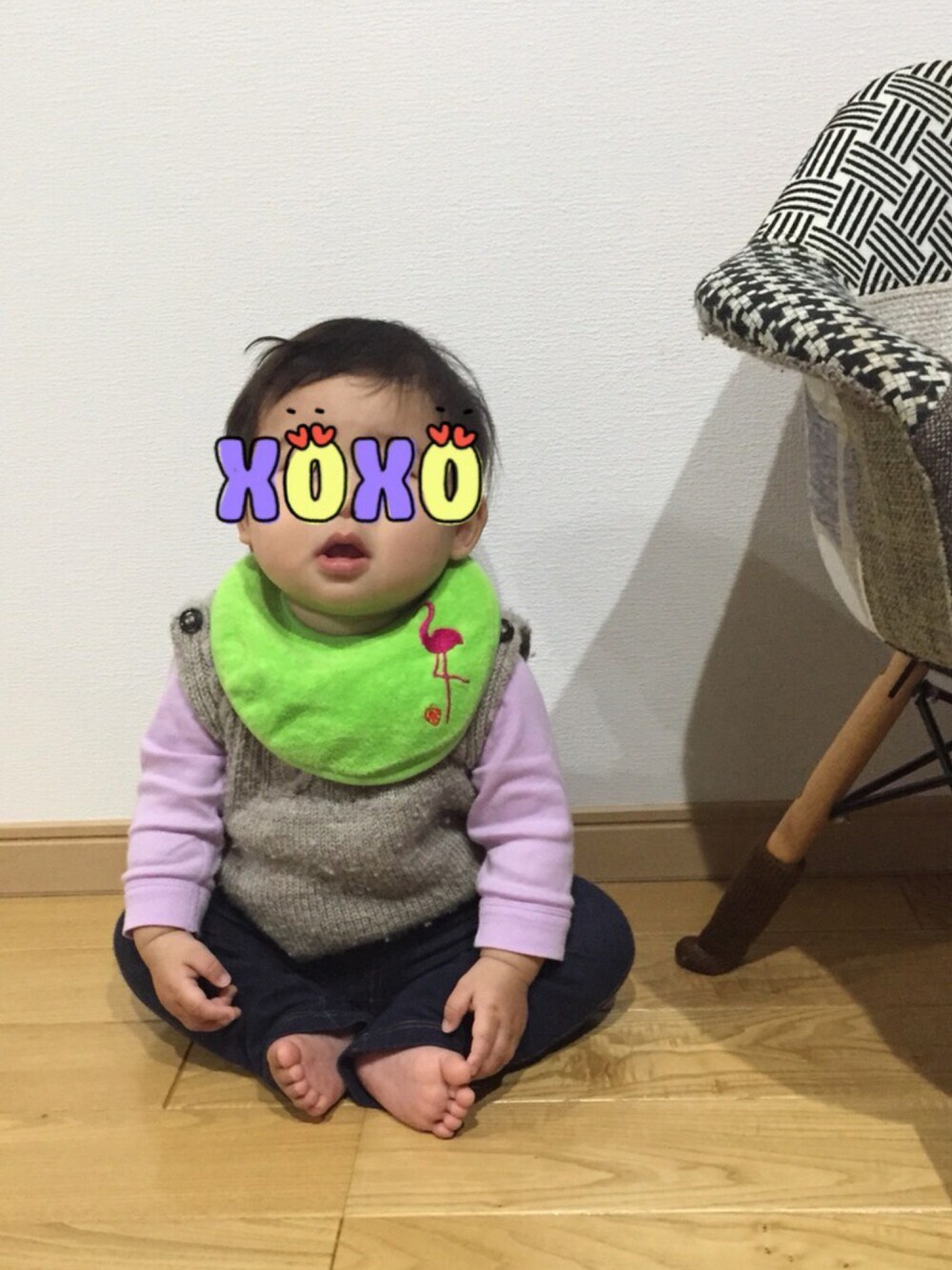 「handmade、プチプラ、おんなのこ、０歳、ベビーコーデ」｜「Lara Boyleのアイテム（スタイ/よだれかけ、グリーン系）」を使った、Buchikoさん（キッズ・70cm）の秋コーディネートの1枚目の写真