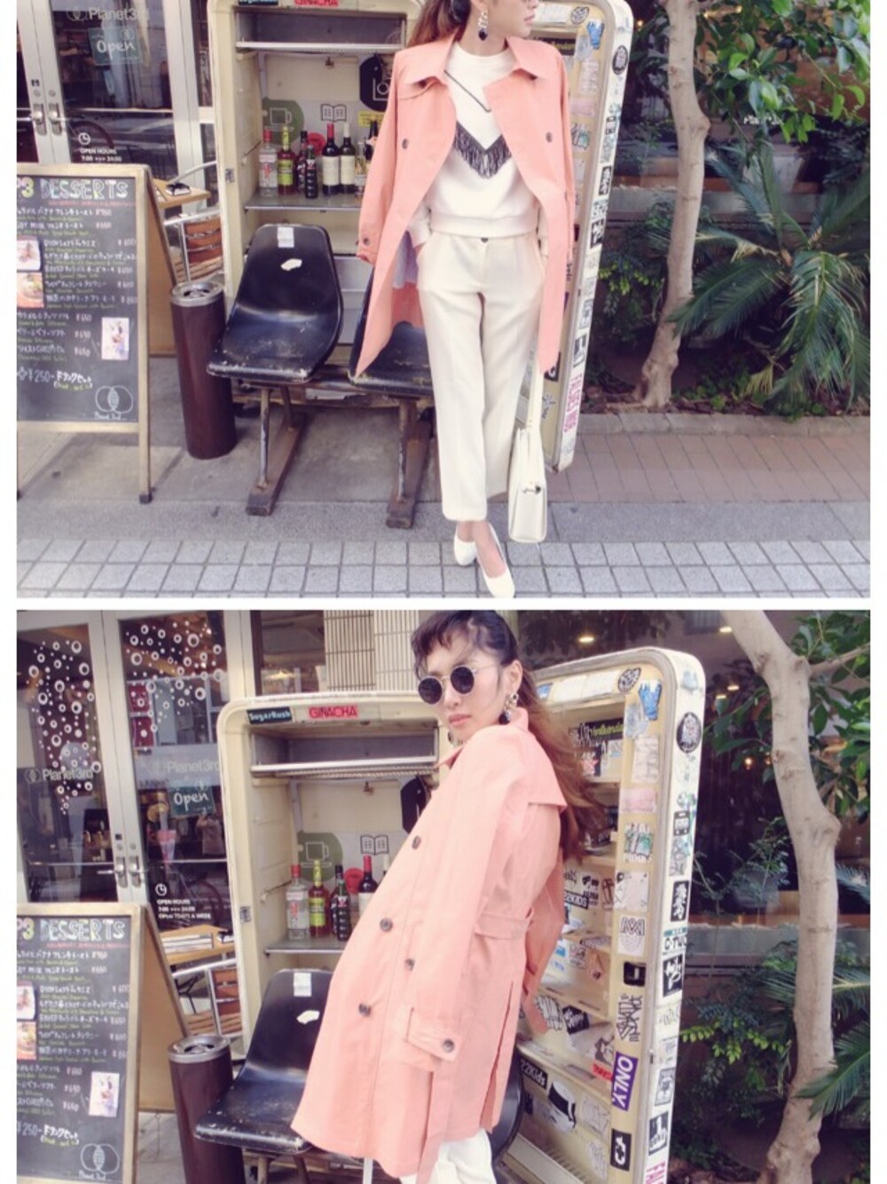 ピンク系のトレンチコート、ホワイト系のその他パンツを着用したレディースの冬コーディネートの1枚目の写真