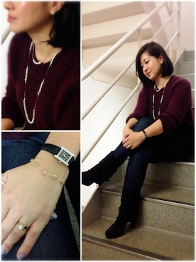 「アイテム（リング、ホワイト系）」を使った、アガット本社スタッフ_EOさん（レディース・160cm）の冬コーディネート