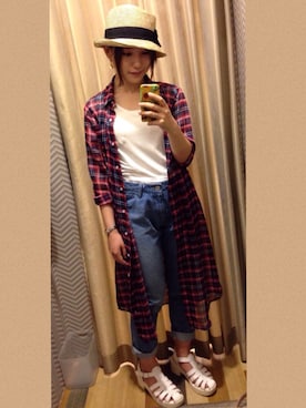 「アイテム（シャツワンピース、レッド系）」を使った、まろんさん（レディース・156cm）の夏コーディネート