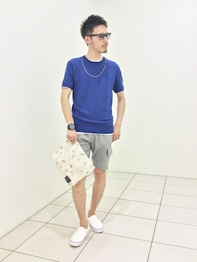 「アイテム（カーゴパンツ、グレー系）」を使った、Masaaki Moriさん（メンズ・173cm）の夏コーディネート