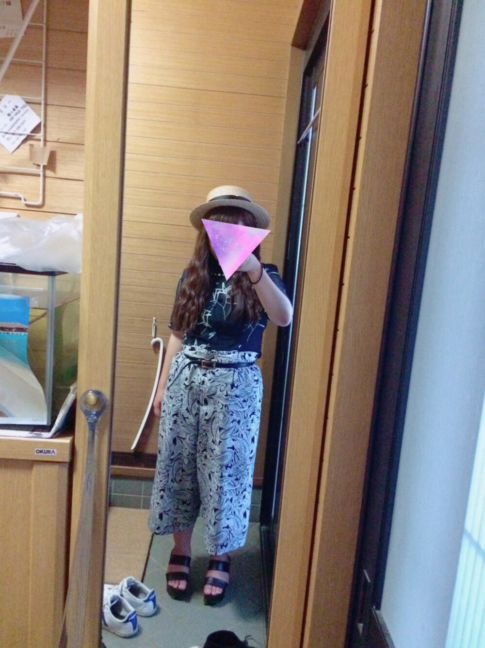 「古着、夏コーデ、むぎわら帽子、ペイズリー、あつぞこサンダル、日焼けやばい、happy、birthday、mother、ポケモンGO」｜「LOWRYS FARMのアイテム（ハット、ベージュ系）」を使った、mamさん（レディース・152cm）の夏コーディネートの1枚目の写真