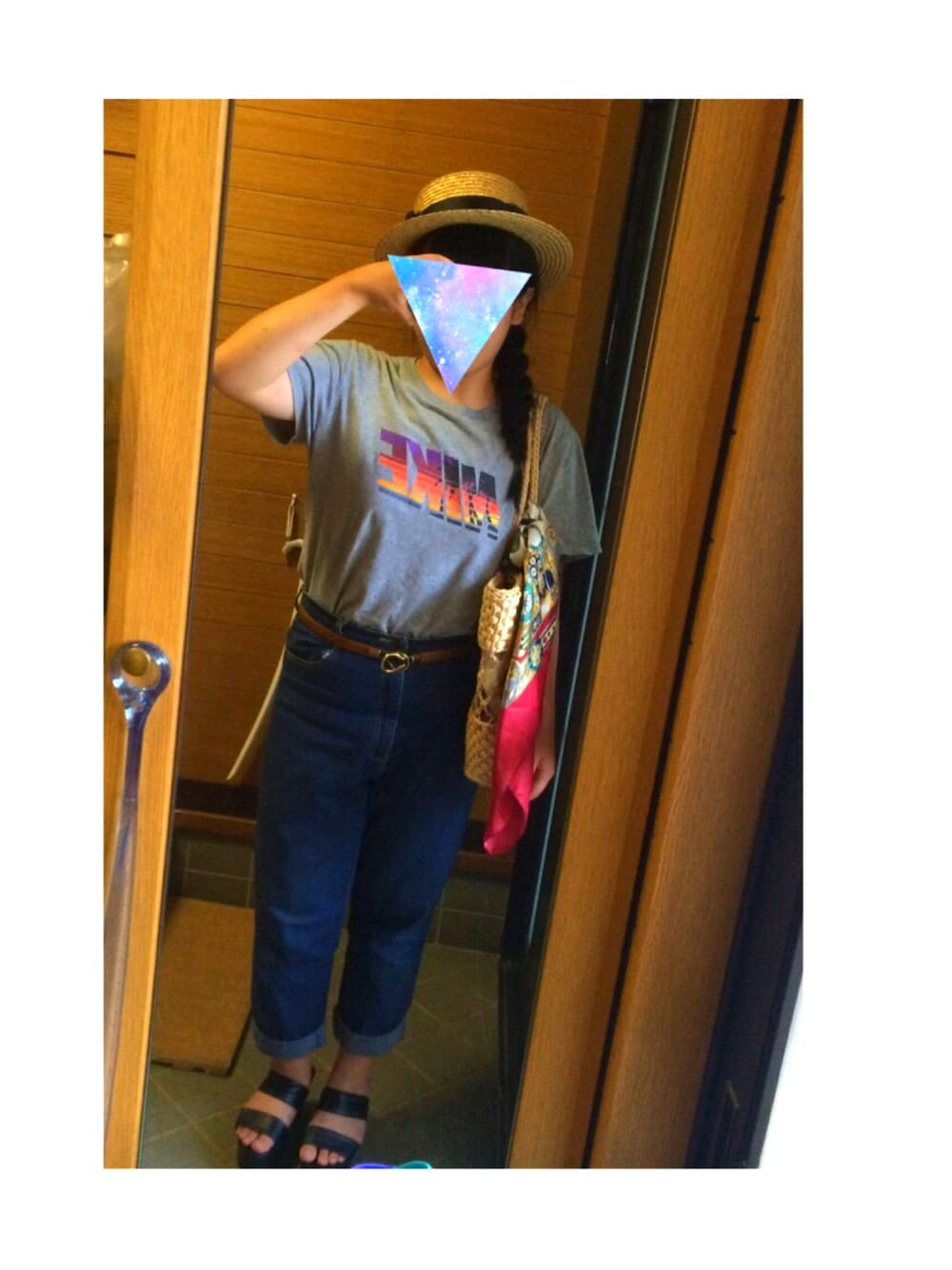 「プール、かごバッグ、ナイキ、古着、むぎわら帽子、summer、デニム」｜「LOWRYS FARMのアイテム（ハット、ベージュ系）」を使った、mamさん（レディース・152cm）の秋コーディネートの1枚目の写真