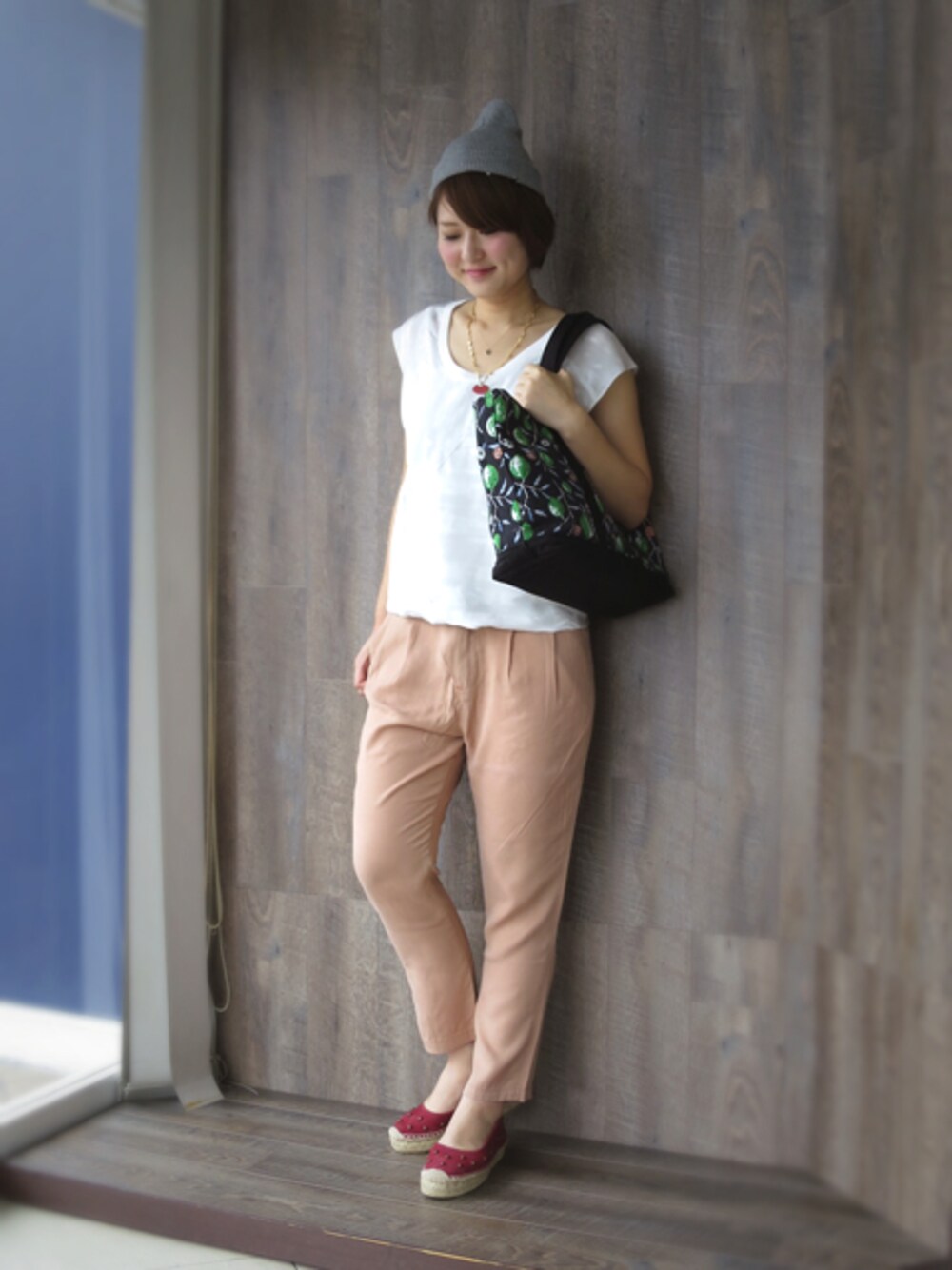 「 ピンク、自転車スタイル、 お花見、 レモン柄」｜「ARCHIのBOSQUE TOP（Tシャツ/カットソー、ホワイト系）」を使った、kotomiさん（レディース・168cm）の春コーディネートの1枚目の写真