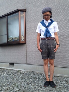 「膝上ショーツ」｜「アイテム（ハンチング/ベレー帽）」を使った、KTさん（メンズ・181cm）の夏コーディネート