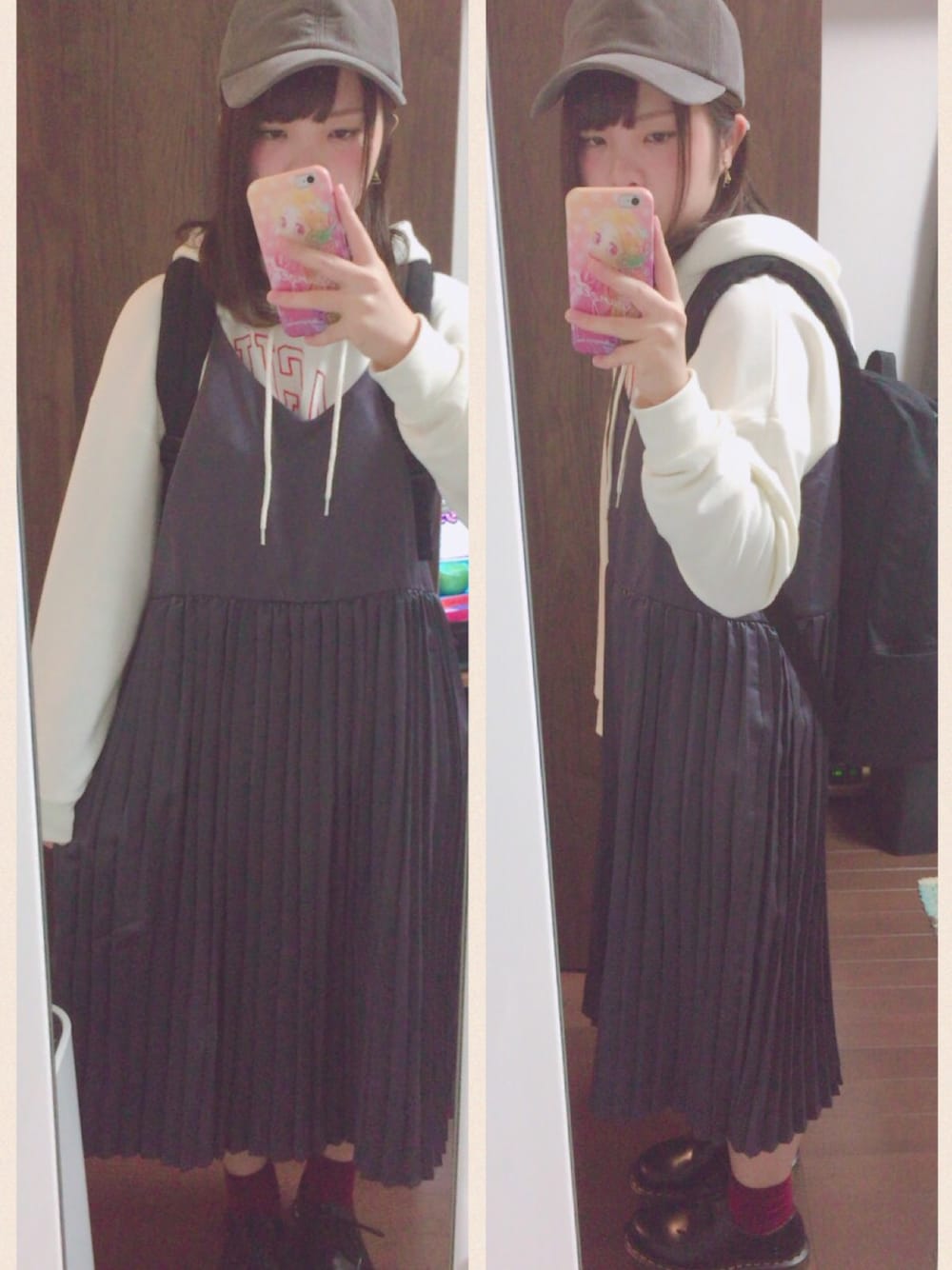 「haco!、高橋愛、キャップ、プリーツスカート、Dr.Martens、mystic、WEGO、リュック」｜「Omekashiのコーデュロイキャップ（キャップ、グレー系）」を使った、yukinkoさん（レディース・157cm）の秋コーディネートの1枚目の写真
