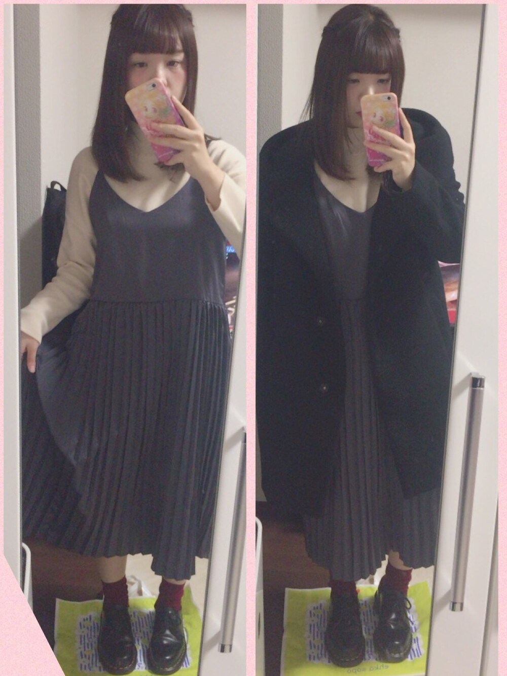 「ワンピース、プリーツスカート、ハイネック、Dr.Martens、Kastane、haco!、journal standard、高橋愛」｜「haco!の＜高橋愛さんコラボ＞ラブ＆ピースプロジェクト　ヴィンテージライクサテンのプリーツキャミワンピース（ワンピース、グレー系）」を使った、yukinkoさん（レディース・157cm）の冬コーディネートの1枚目の写真