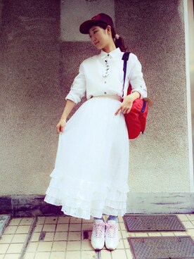 「アイテム（バックパック/リュック、レッド系）」を使った、JuRianさん（レディース・165cm）の春コーディネート