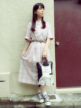 「アイテム（シャツワンピース、ピンク系）」を使った、JuRianさん（レディース・162cm）の夏コーディネート