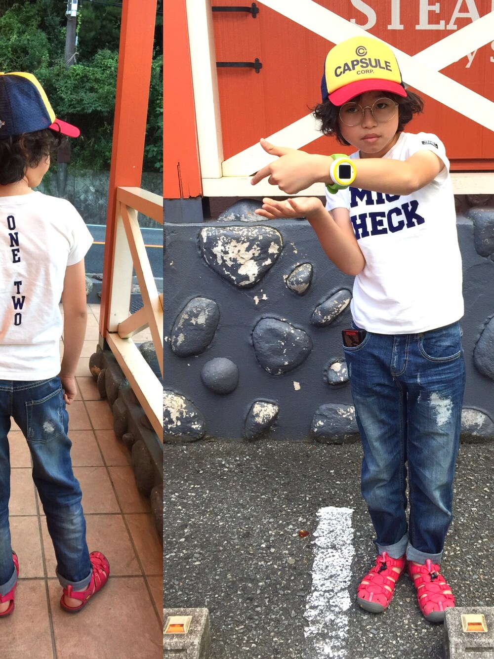 「DENIM DUNGAREEのアイテム（デニムパンツ、ブルー系）」を使った、hidekicchuさん（キッズ・142cm）の夏コーディネートの1枚目の写真