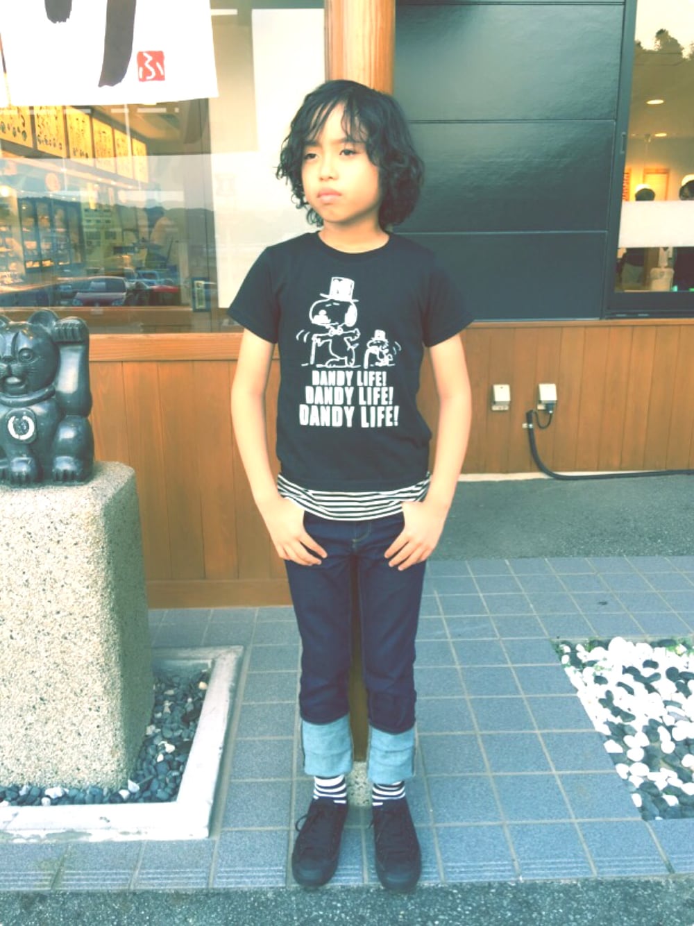 「PEANUTSの【PEANUTS】ヒゲSNOOPYポケＴシャツ（Tシャツ/カットソー、ブラック系）」を使った、hidekicchuさん（キッズ・142cm）の夏コーディネートの1枚目の写真