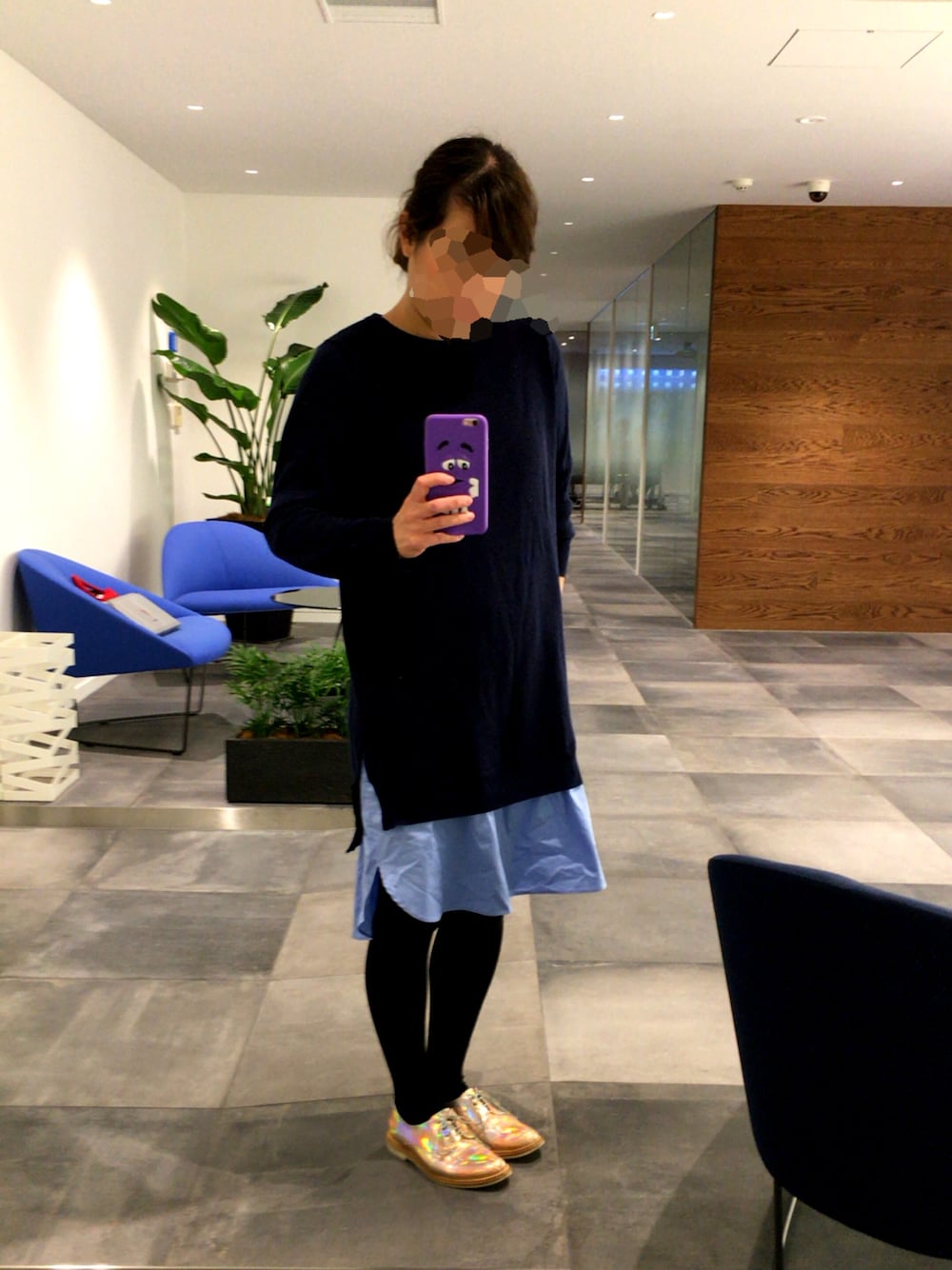「ラクチンコーデ」｜「OPENING CEREMONYのアイテム（ワンピース、ブルー系）」を使った、nipunikoさん（レディース・158cm）の冬コーディネートの1枚目の写真