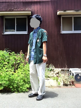「ノーカラーシャツ」｜「アイテム（キャスケット）」を使った、ななおさん（メンズ・165cm）の夏コーディネート