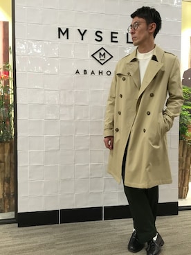 「MYSELF ABAHOUSE（マイセルフアバハウス）の2重織りトレンチコート（トレンチコート、ベージュ系）」を使った、katuswoさん（メンズ・172cm）の秋コーディネート