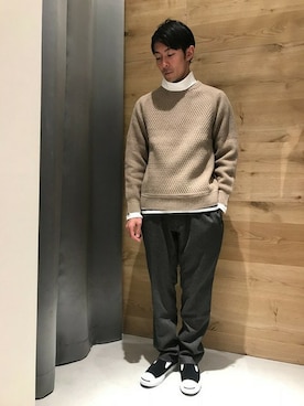 「MYSELF ABAHOUSE（マイセルフアバハウス）の【LANEROSSI | ラネロッシ】クルーネックニット（ニット/セーター、ベージュ系）」を使った、katuswoさん（メンズ・172cm）の冬コーディネート