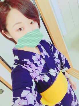 「おばあちゃんの浴衣のアイテム（浴衣、パープル系）」を使った、yuuuさん（レディース・161cm）の夏コーディネート