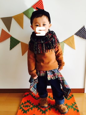 「petit main（プティマイン）のロゴデザイン裏起毛トレーナー（スウェット）」を使った、♡SO♤さん（キッズ・90cm）の冬コーディネート