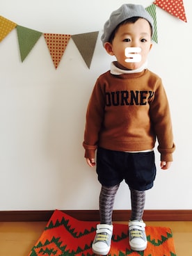 「petit main（プティマイン）のロゴデザイン裏起毛トレーナー（スウェット）」を使った、♡SO♤さん（キッズ・90cm）の冬コーディネート