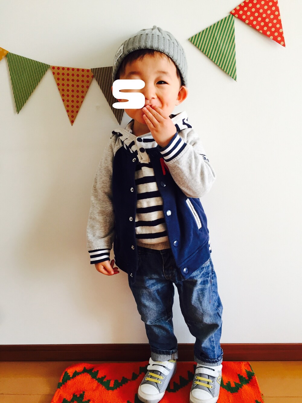 「おとこのこ、2歳、ボーダー、ニット帽、スタジャン」｜「H&Mのアイテム（パーカー、その他）」を使った、♡SO♤さん（キッズ・90cm）の冬コーディネートの1枚目の写真