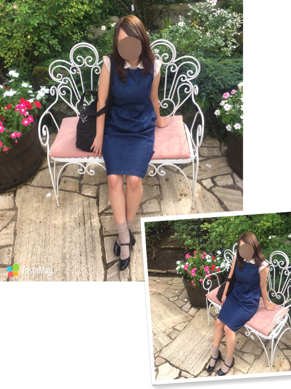 ブルー系のワンピース、ピンク系のシャツ/ブラウス、ブラック系のトートバッグを着用したレディースの夏コーディネートの1枚目の写真