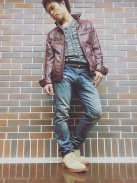 「アキコーデ」｜「アイテム（ライダースジャケット）」を使った、健太郎さん（メンズ・162cm）の秋コーディネート