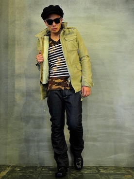 「AKM（エイケイエム）のアイテム（帽子）」を使った、小田剛聖さん（メンズ・176cm）の秋コーディネート