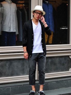 「AKM（エイケイエム）のアイテム（帽子）」を使った、小田剛聖さん（メンズ・176cm）の夏コーディネート