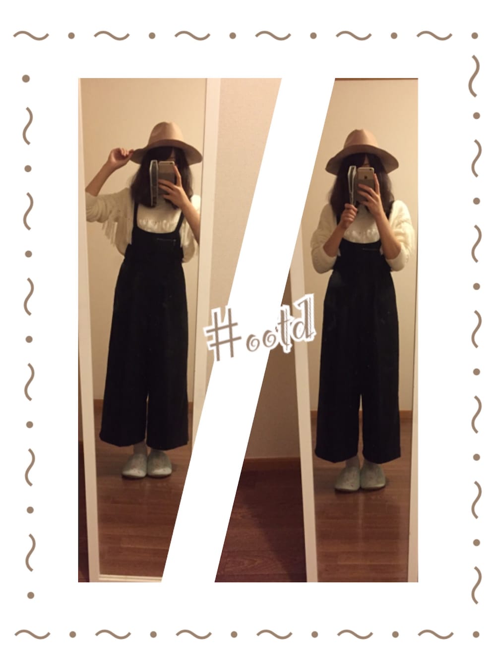 ホワイト系のニット/セーター、ブラック系のオールインワン・サロペットを着用したレディースの秋コーディネートの1枚目の写真