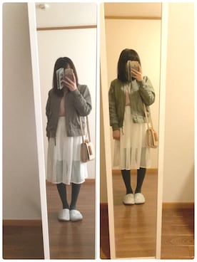 「Vネック」｜「アイテム（MA-1）」を使った、やかかさん（レディース・159cm）の春コーディネート