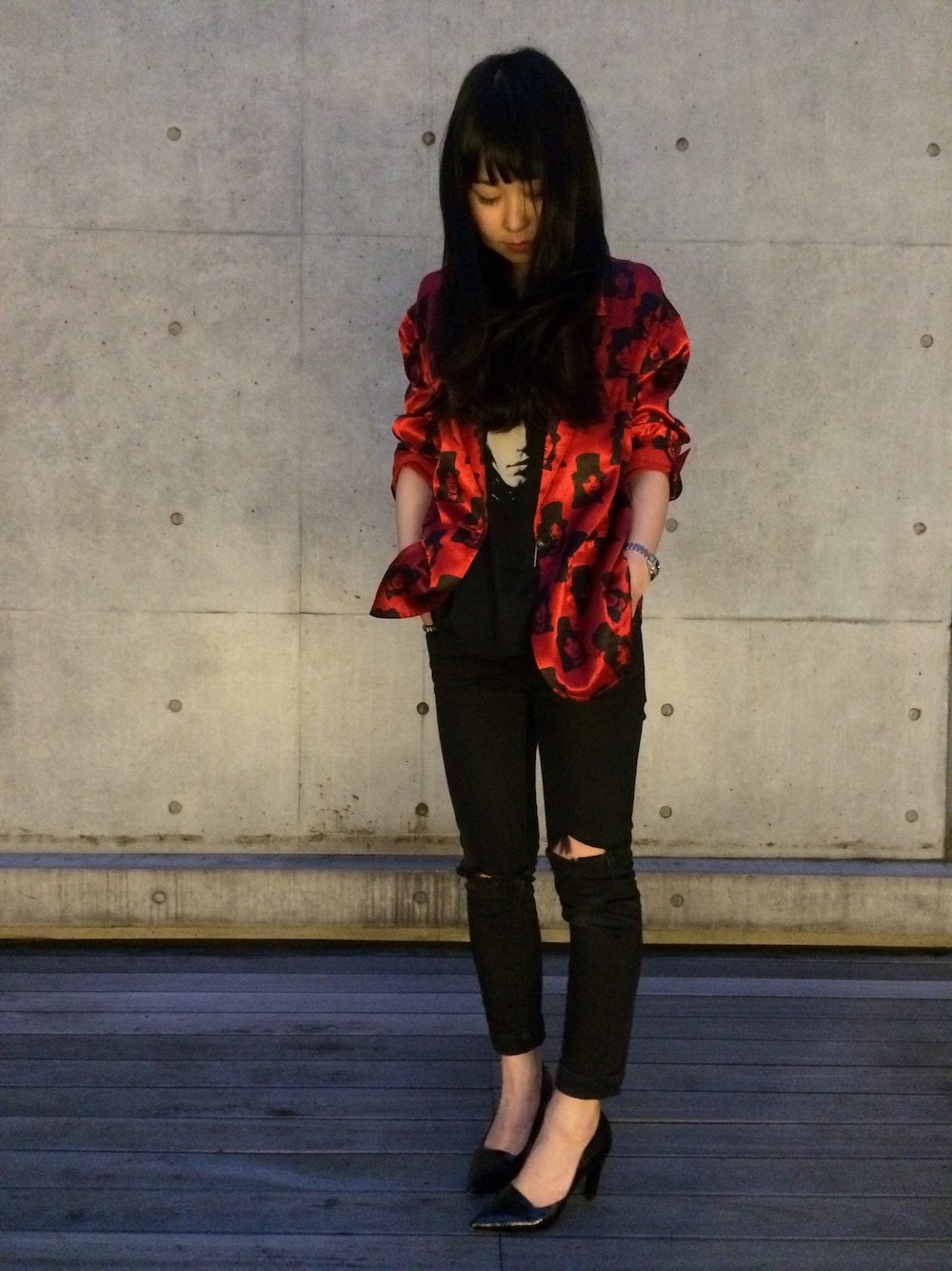 「Hysteric Glamour、HYSTERICS、aoyama、Rolling Stones」｜「HYSTERIC GLAMOURのアイテム（デニムパンツ、ブラック系）」を使った、fukuchanさん（レディース・154cm）の春コーディネートの1枚目の写真