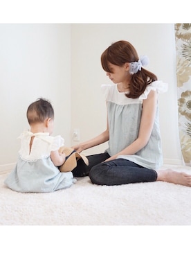 「tulip nana***のアイテム（シャツ/ブラウス、ブルー系）」を使った、tulipさん（キッズ・80cm）の春コーディネート