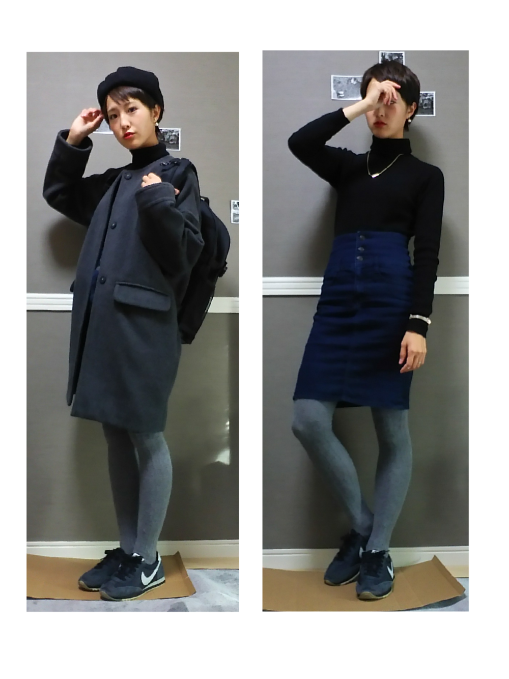 「KBF、ノーカラーコート、コクーンコート、黒×グレー×紺、黒×グレー、black×gray、スニーカー、ナイキ、NIKE」｜「NIKEのNIKE Oceania Retro Classic ヴィンテージ（スニーカー、ブラック系）」を使った、marie ∞さん（レディース・154cm）の冬コーディネートの1枚目の写真